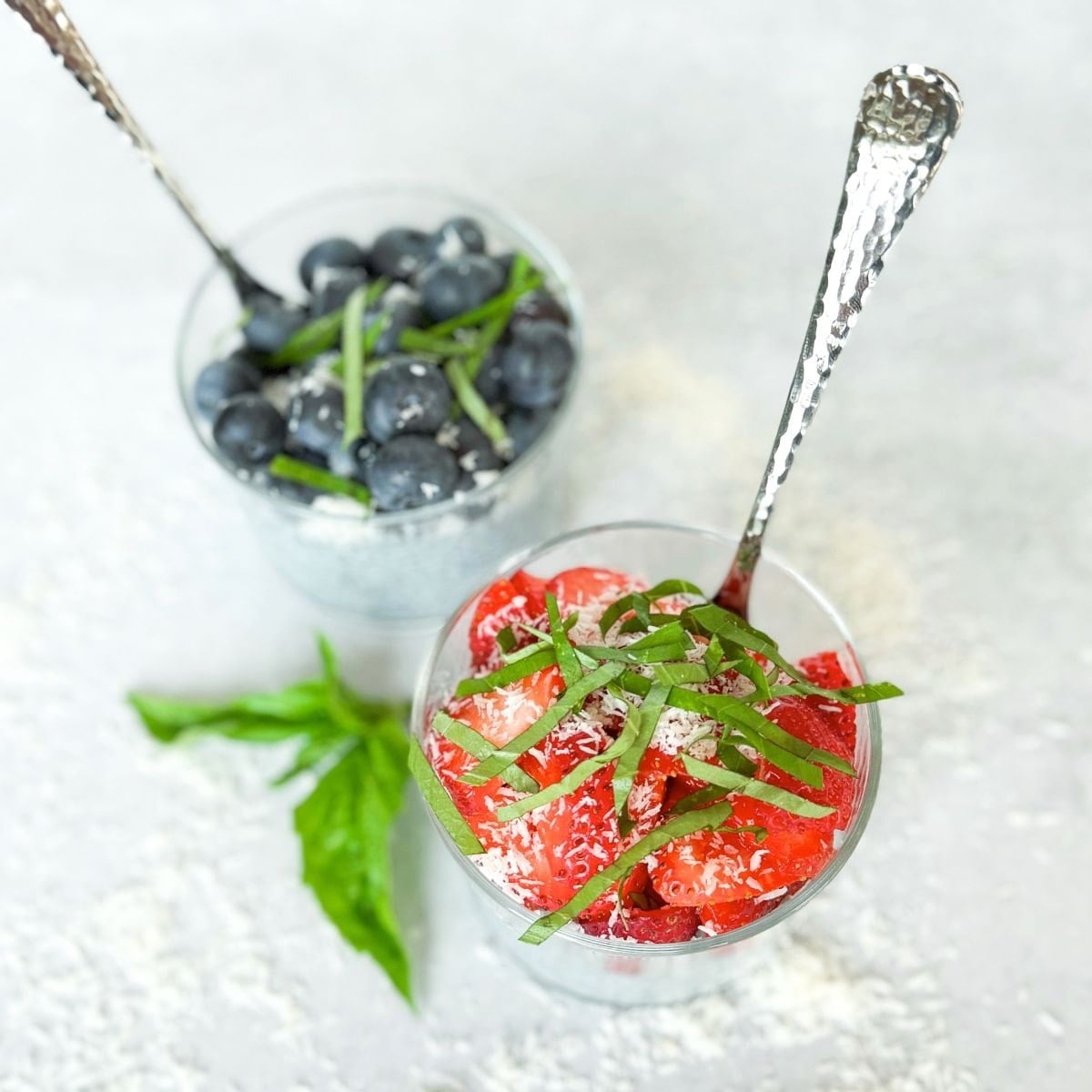Close up photo of basil seed pudding topped with fruit.