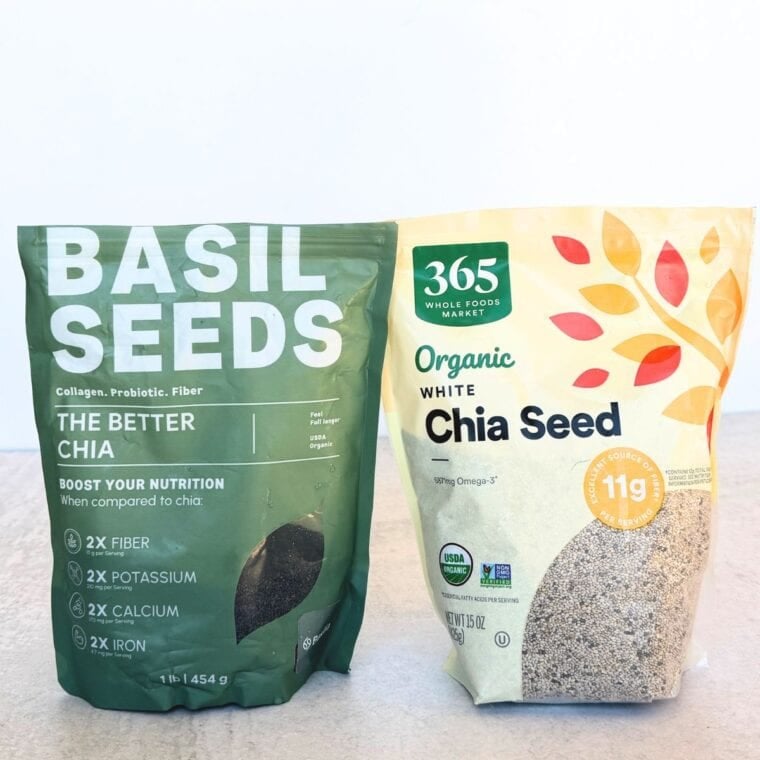 Side by side photos of basil seeds vs chia seeds.