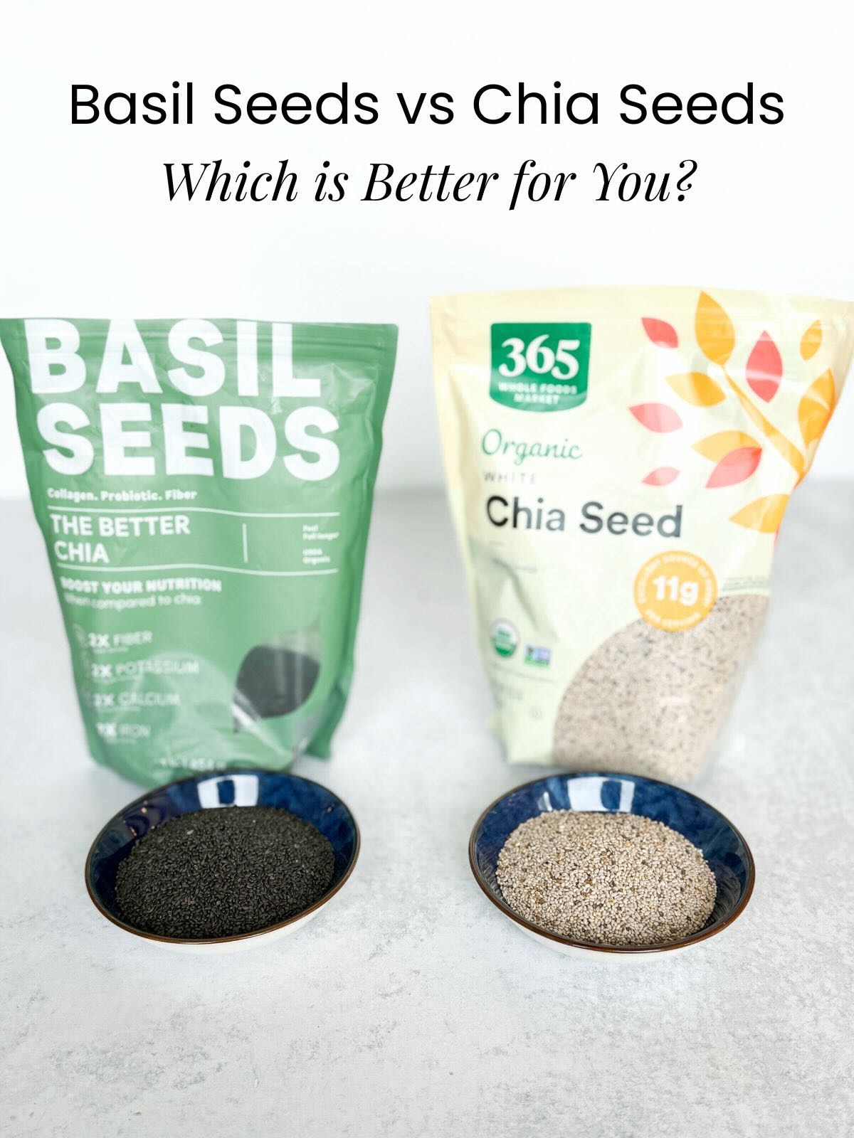 Side by side packages of basil seeds and chia seeds with text overlay Basil Seeds vs Chia Seeds, Which is Better for You?