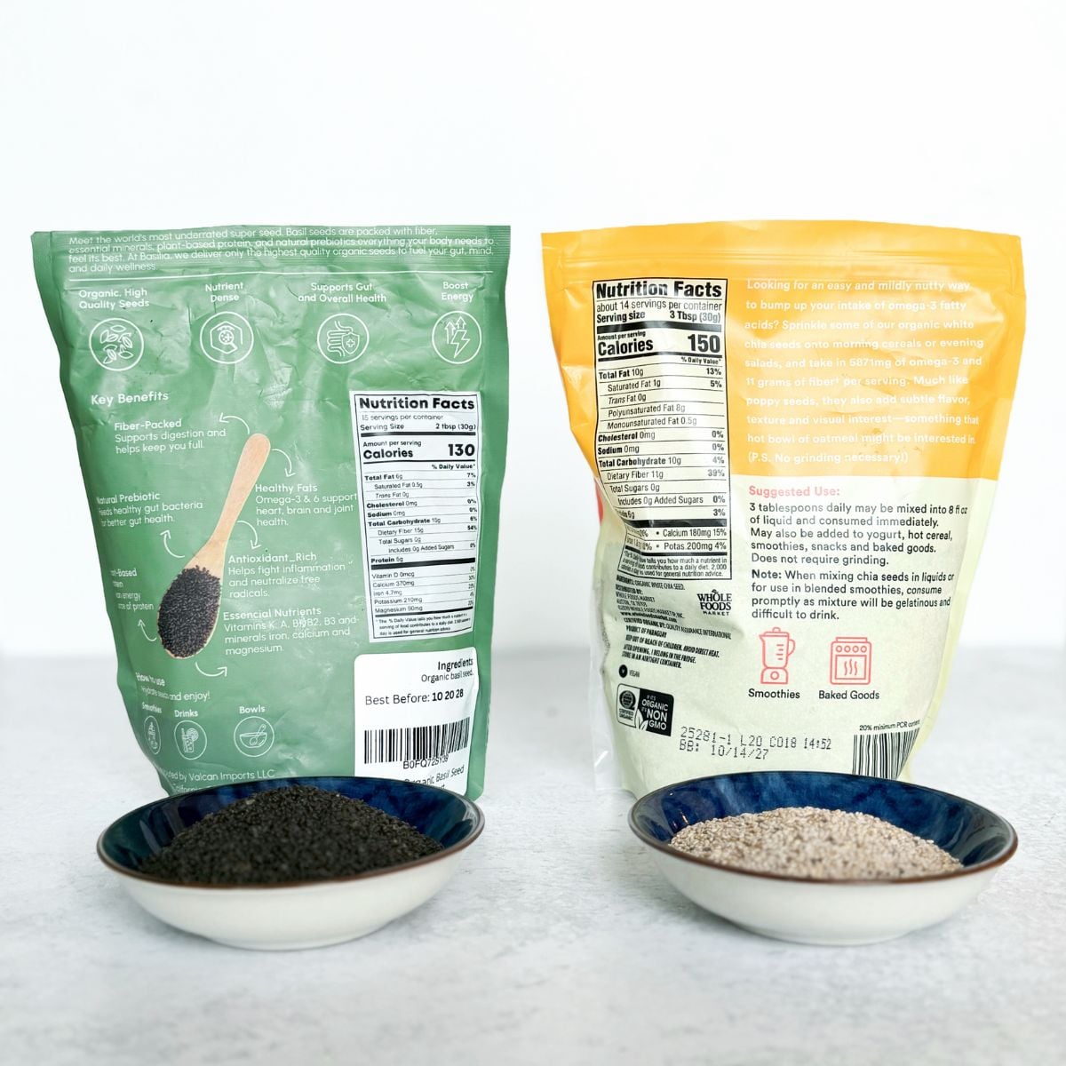 Back of packages for basil seeds vs chia seeds.